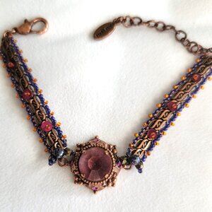 SATELLITE PARIS VINTAGE AMETHYST FACETED GLASS STONE COPPER BRACELET